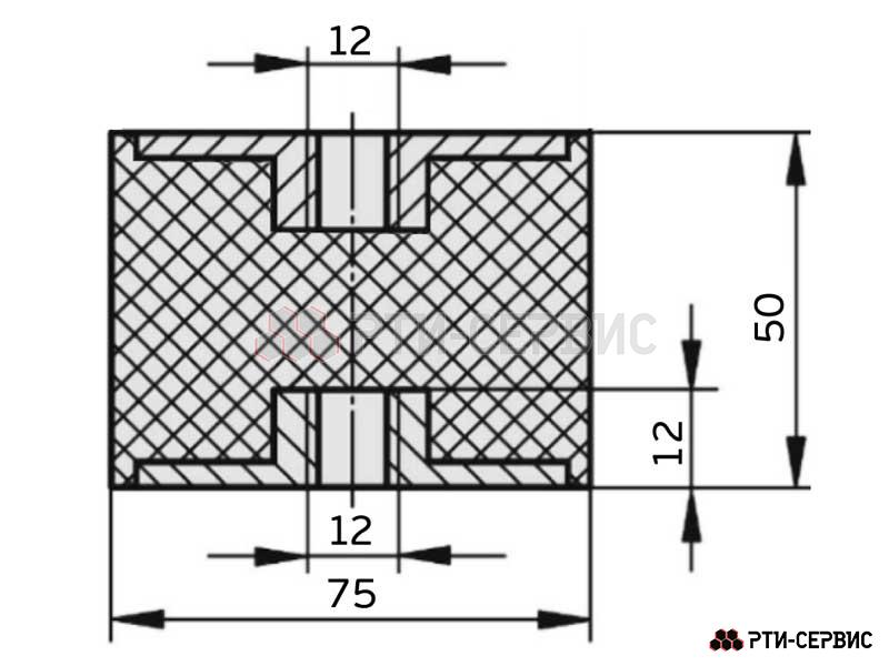Резинометаллический буфер (аналог K0569.07505055 KIPP) D-75, H-50 с 2х стор. внутренней резьбой M12 - фото 2